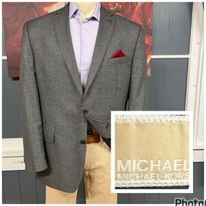 Michael Kors Blazer Sport Coat Mens 46L Long Polyester Rayon Houndstooth Gray